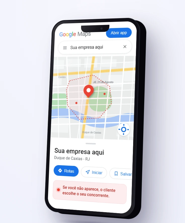 Empresa em destaque no Google Maps de Duque de Caxias, mostrando que quem não aparece perde o cliente para o concorrente
