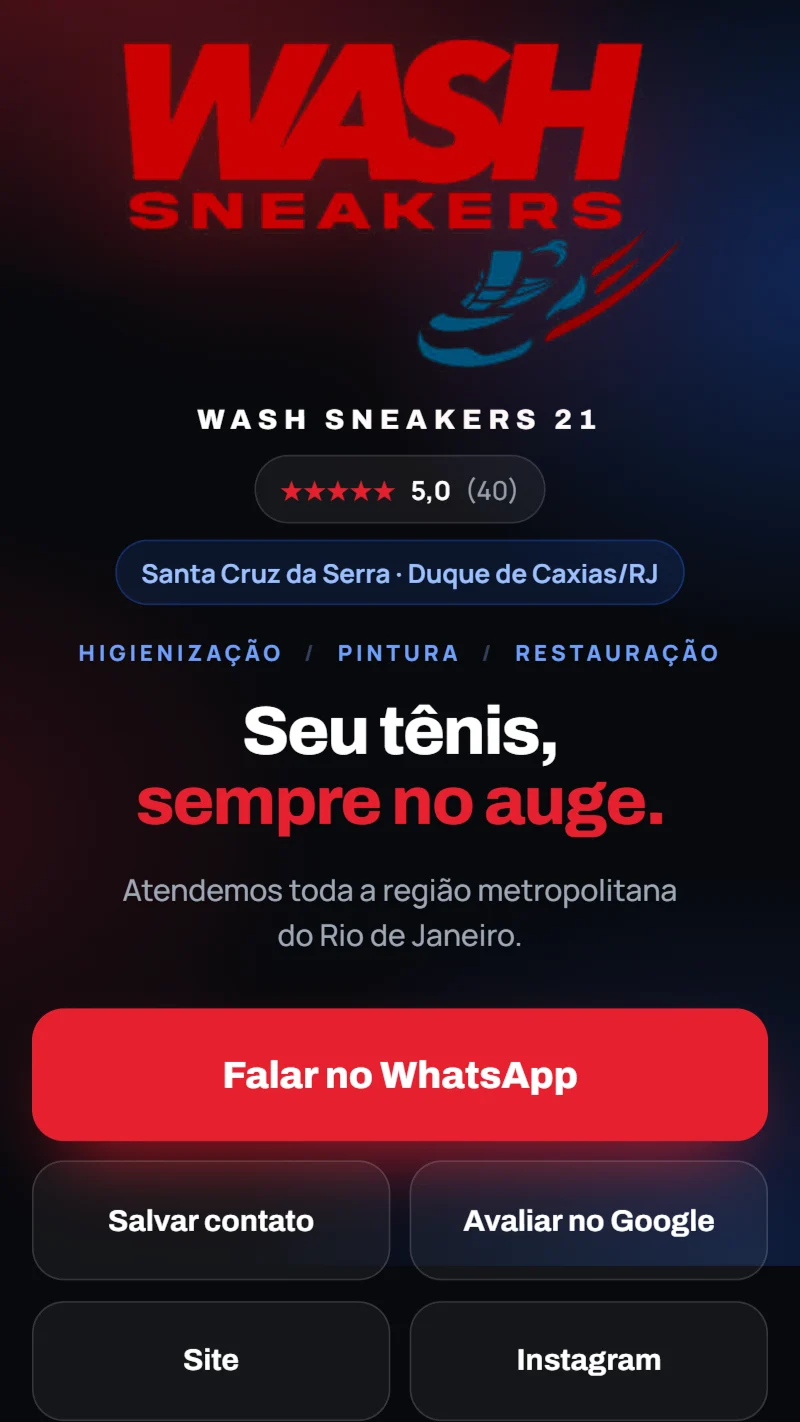 Wash Sneakers — biosite hub desenvolvido pela Mappio