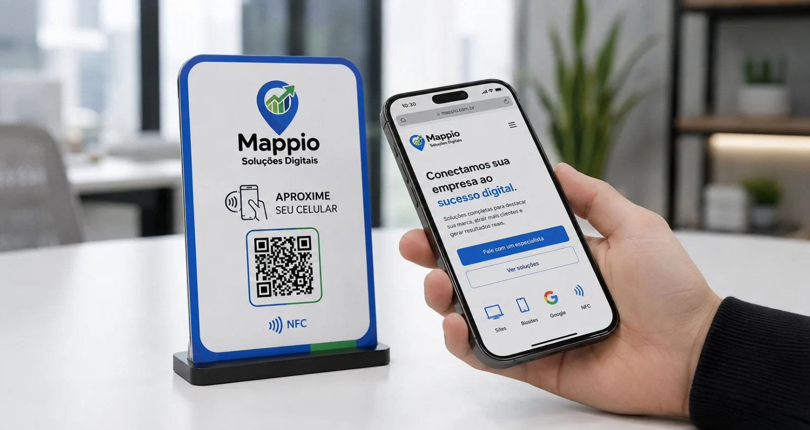 Placa NFC Mappio e celular exibindo o biosite